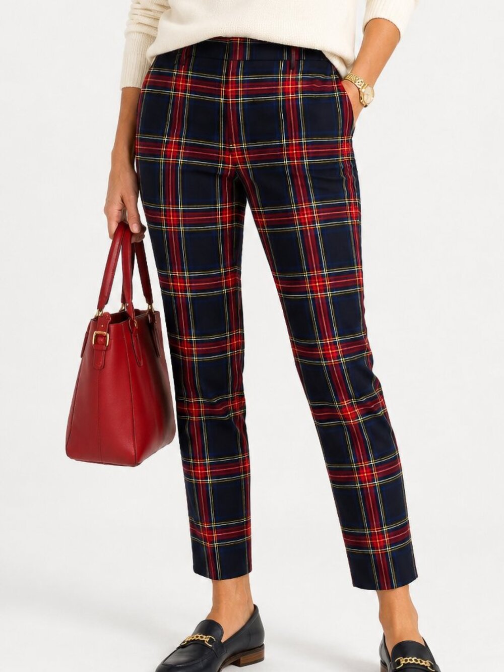Talbots Ankle Pants 16P Red Navy Tartan Plaid Wool Blend Holiday Career Trousers